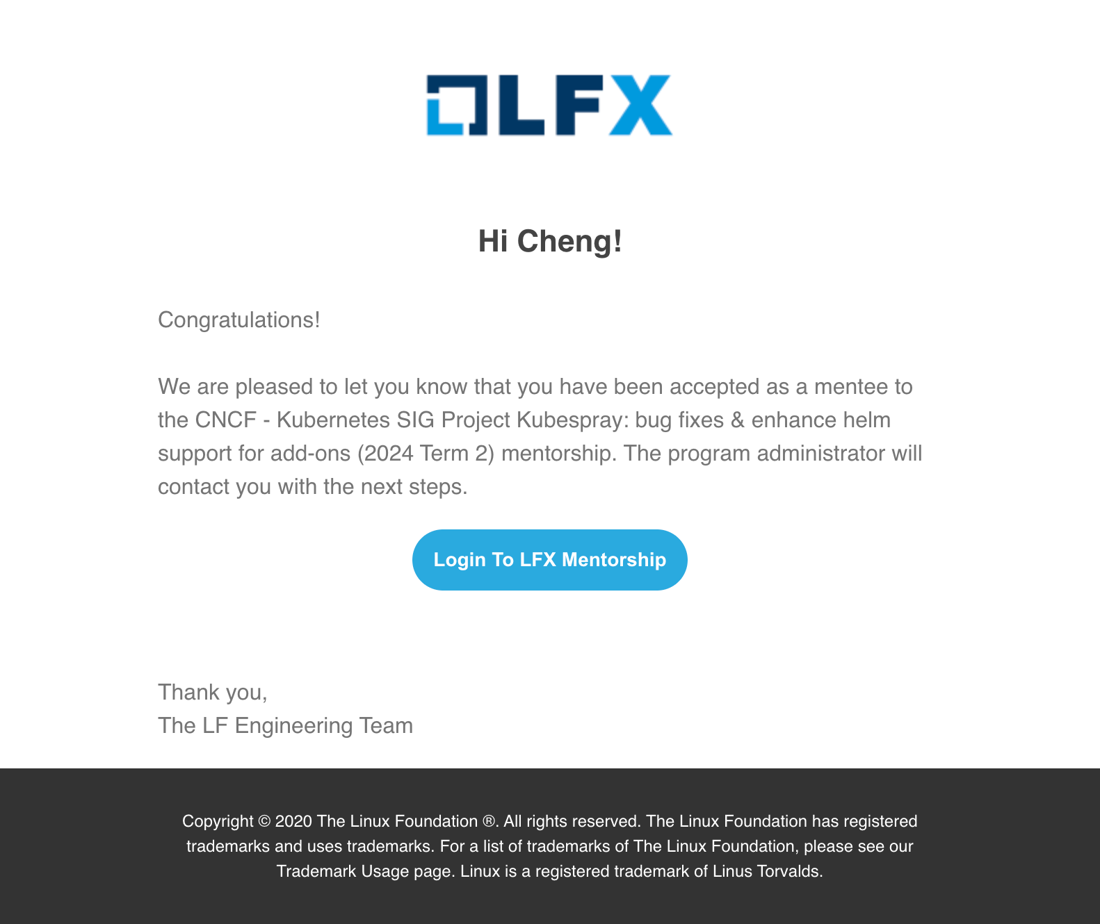 Received the acceptance letter for LFX Mentorship 2024 Term 2 - Kubespray