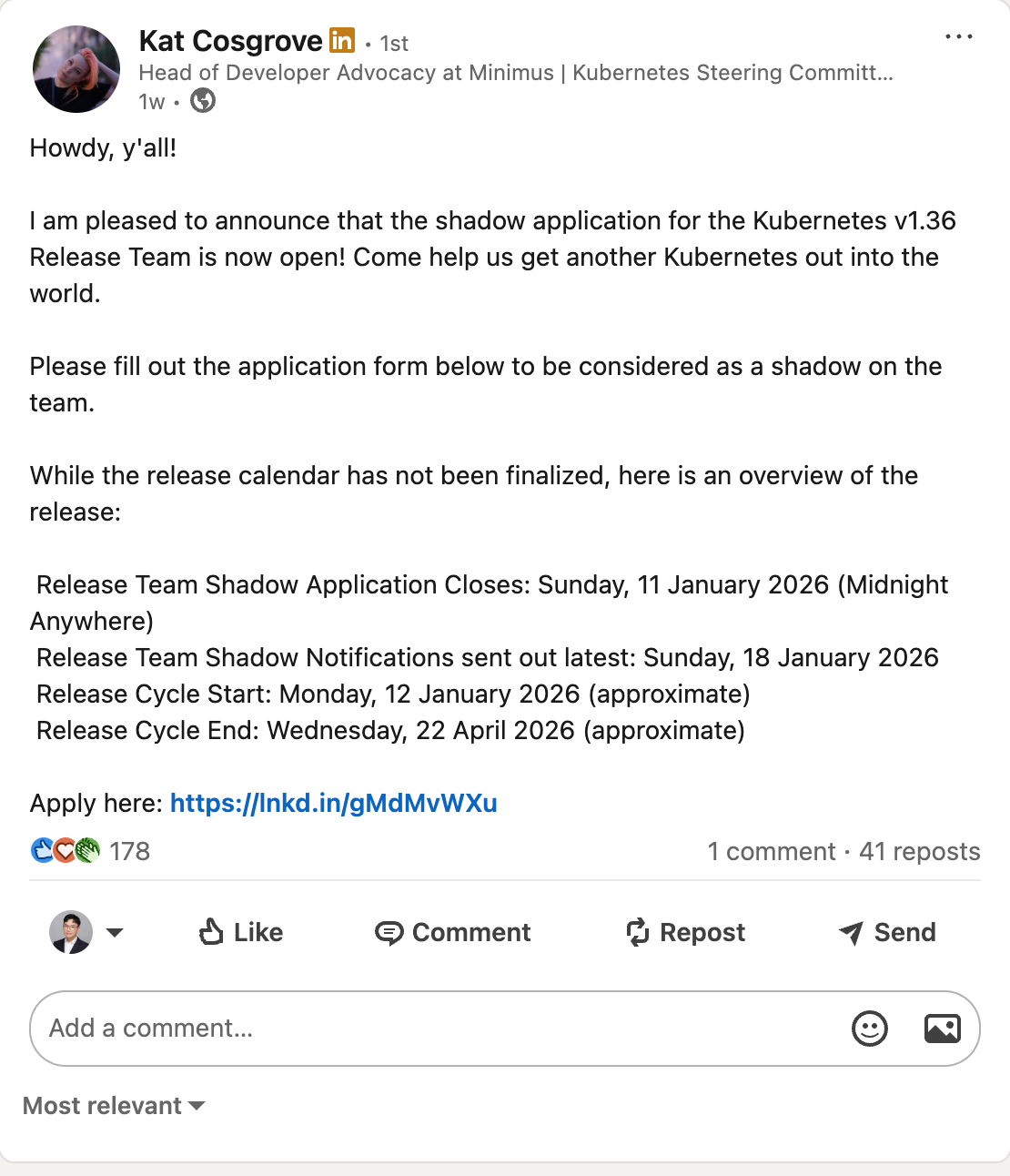 LinkedIn 貼文宣傳 Kubernetes v1.35 Release Team Shadow Application
